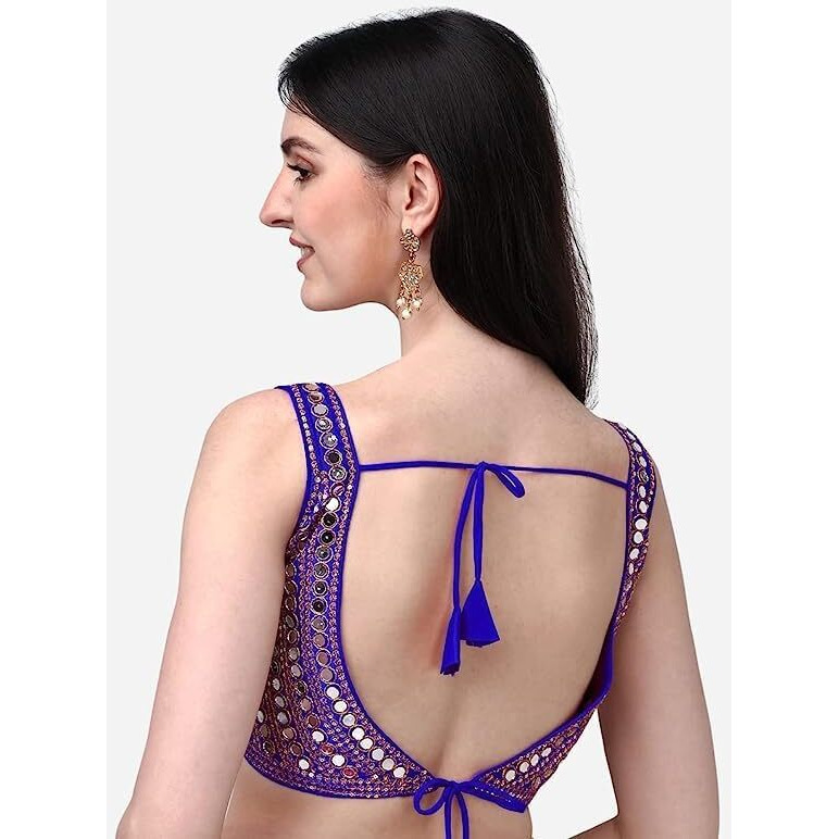 Pujia Mills Women's Multicolor Heavy Phantom Silk Thread Zari And Sequence Work And Real Mirror Hand Work Readymade Saree Blouse (Sleeves Attached Inside) (Kanchi Blouse_Royal Blue_38 Size+ Margin)