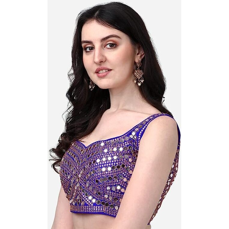 Pujia Mills Women's Multicolor Heavy Phantom Silk Thread Zari And Sequence Work And Real Mirror Hand Work Readymade Saree Blouse (Sleeves Attached Inside) (Kanchi Blouse_Royal Blue_38 Size+ Margin)
