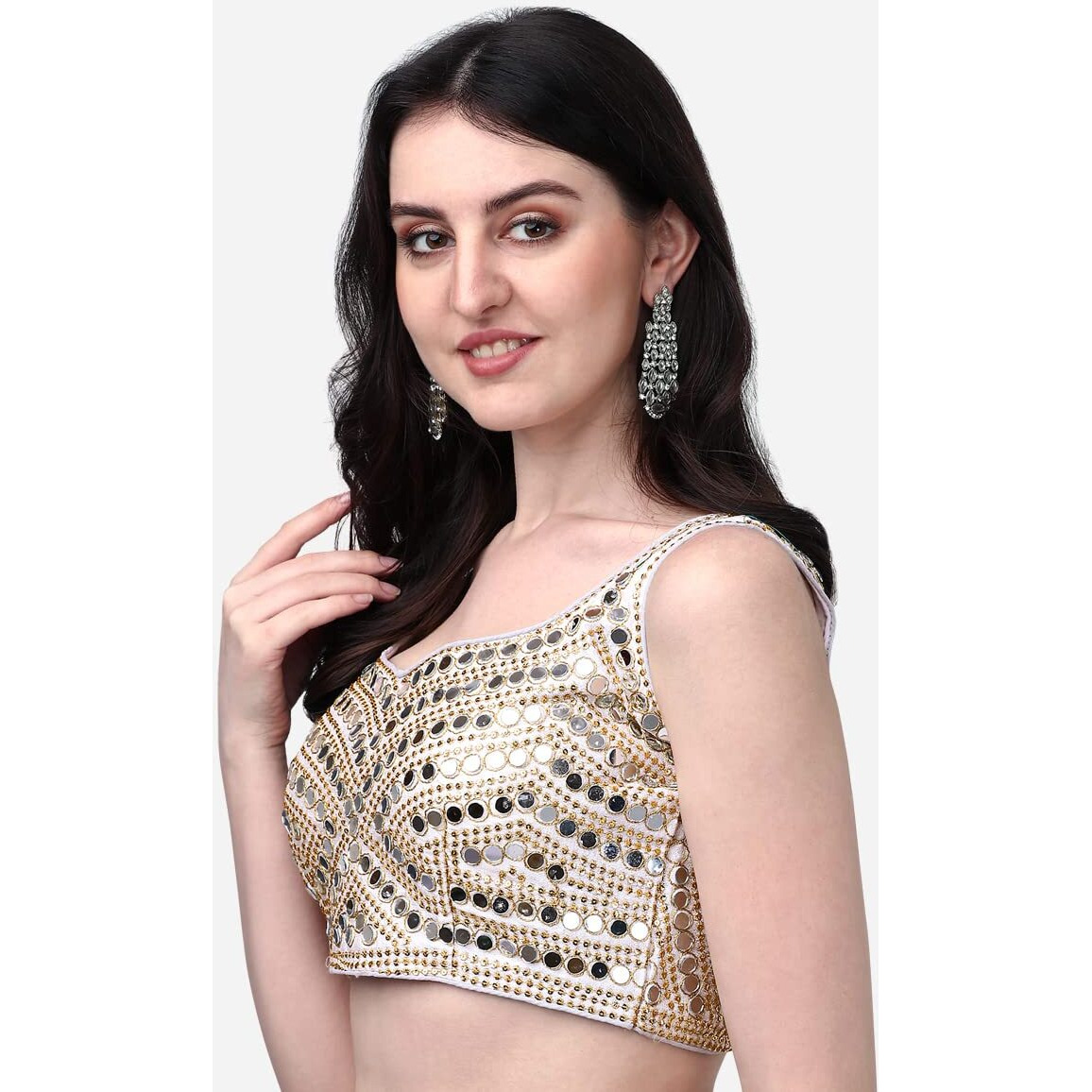 Pujia Mills Women's Phantom Silk Real Mirror Hand Work Readymade Saree Blouse (Sleeves Attached Inside)(Mirror Blouse Pm_Cream_38 Size+Margin)