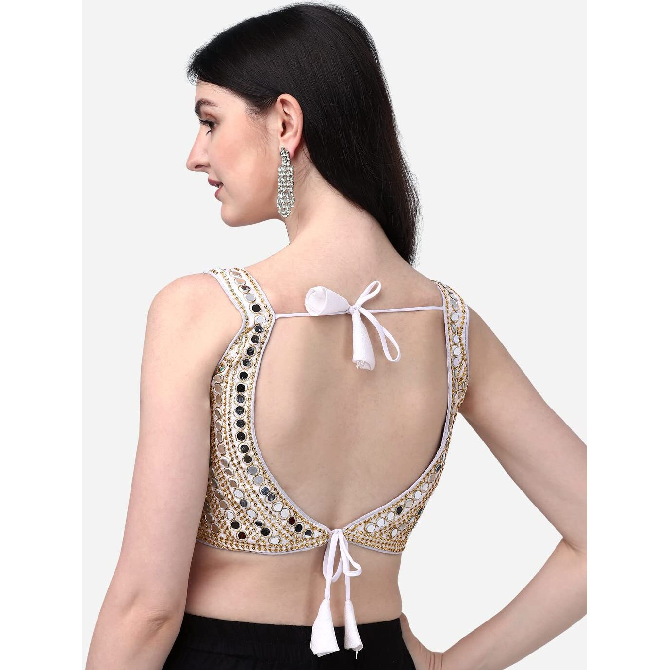 Pujia Mills Women's Phantom Silk Real Mirror Hand Work Readymade Saree Blouse (Sleeves Attached Inside)(Mirror Blouse Pm_Cream_38 Size+Margin)
