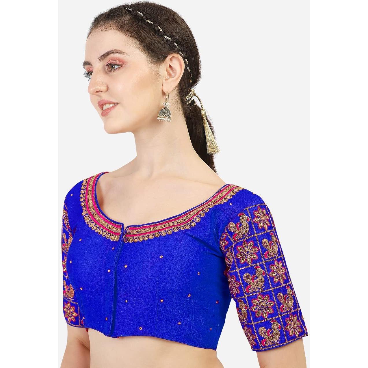 Pujia Mills Women's Multicolor Phantom Silk Peacock Embroidery Half Sleeves Saree Blouse (Mayura_Royal Blue_38 +Margin)
