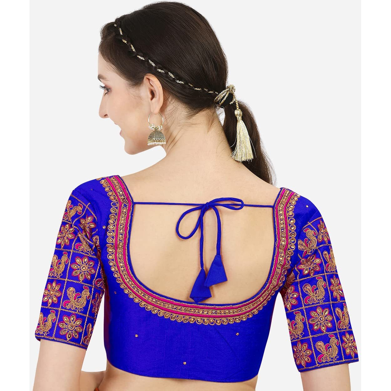 Pujia Mills Women's Multicolor Phantom Silk Peacock Embroidery Half Sleeves Saree Blouse (Mayura_Royal Blue_38 +Margin)