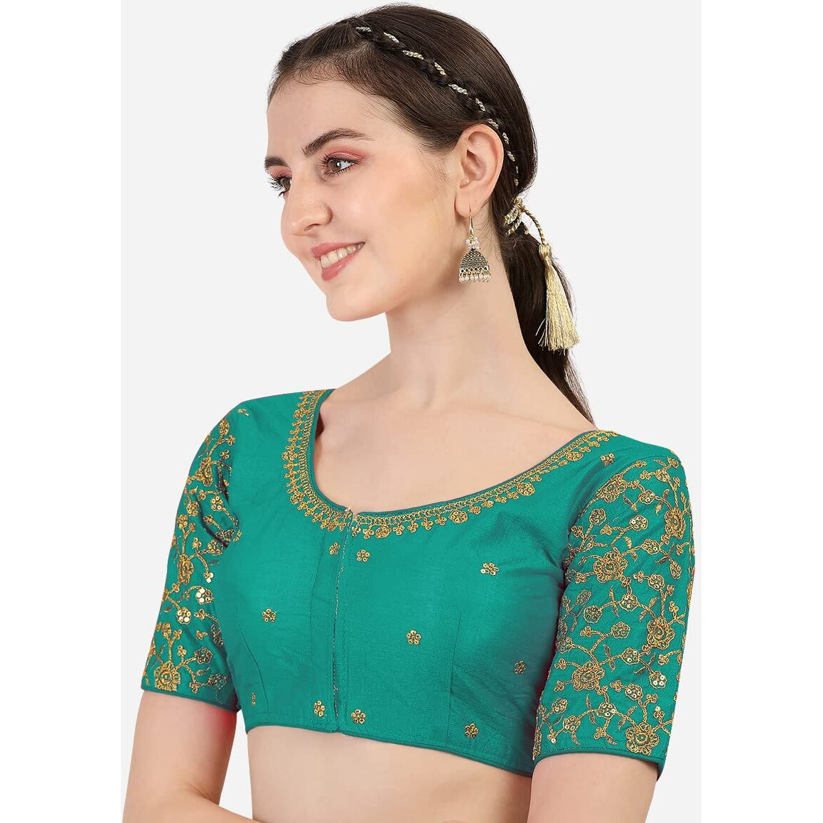 Pujia Mills Women's Multicolor Flower Embroidery Sleeves Design Phantom Silk Readymade Blouse For Saree And Lehenga Choli (Rama, 36)