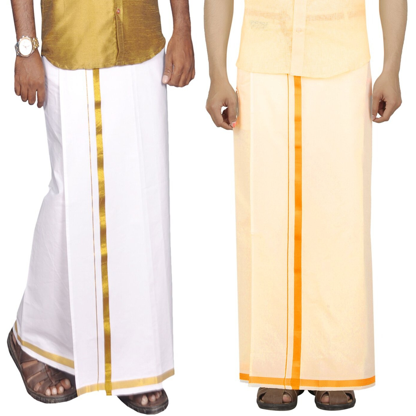 Prakasam Cotton Mens Gold Jari Border White Dhoti & Cream Dhoti Combo- Double Dhoti (1.30X3.60 Meter)