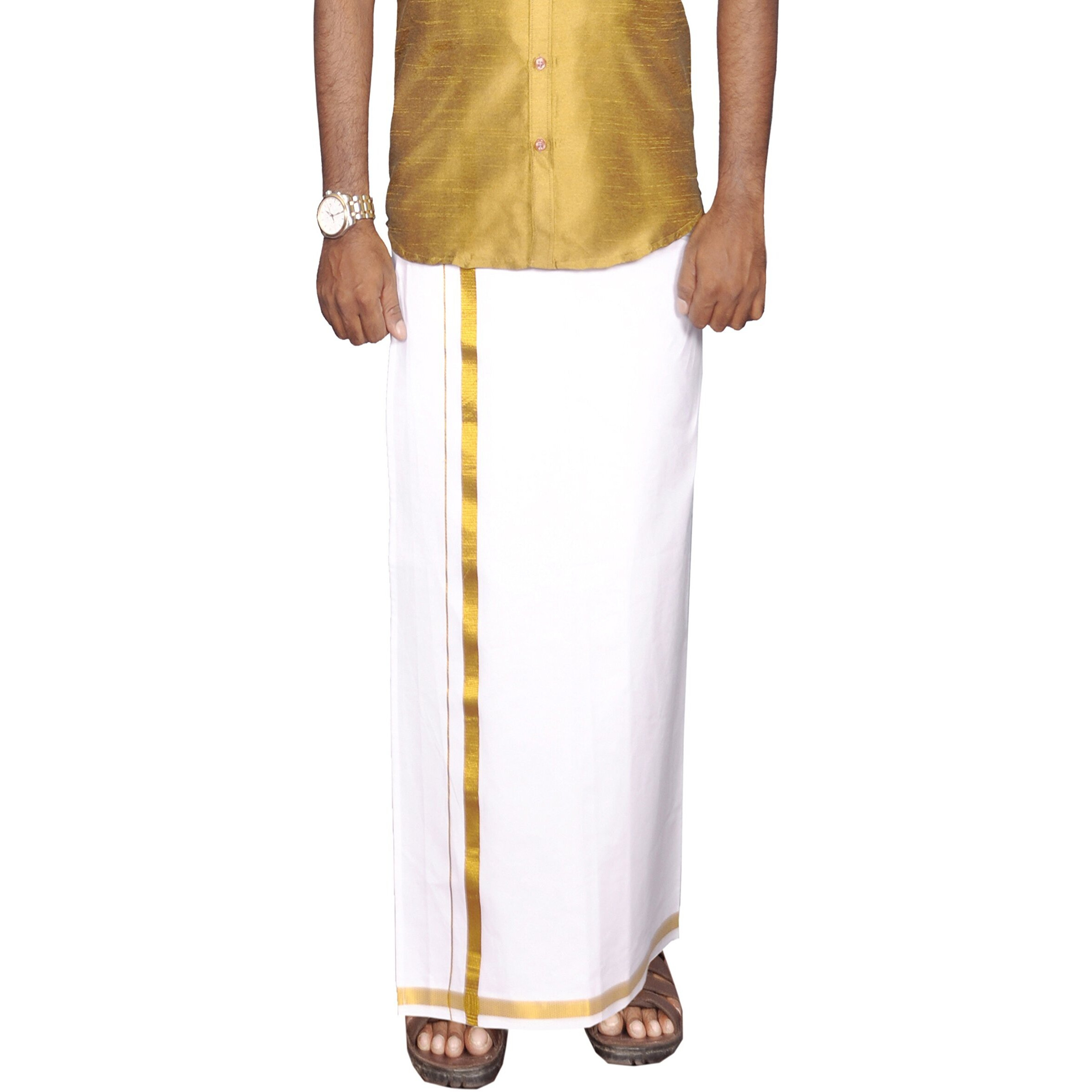 Prakasam Cotton Mens Gold Jari Border White Dhoti & Cream Dhoti Combo- Double Dhoti (1.30X3.60 Meter)