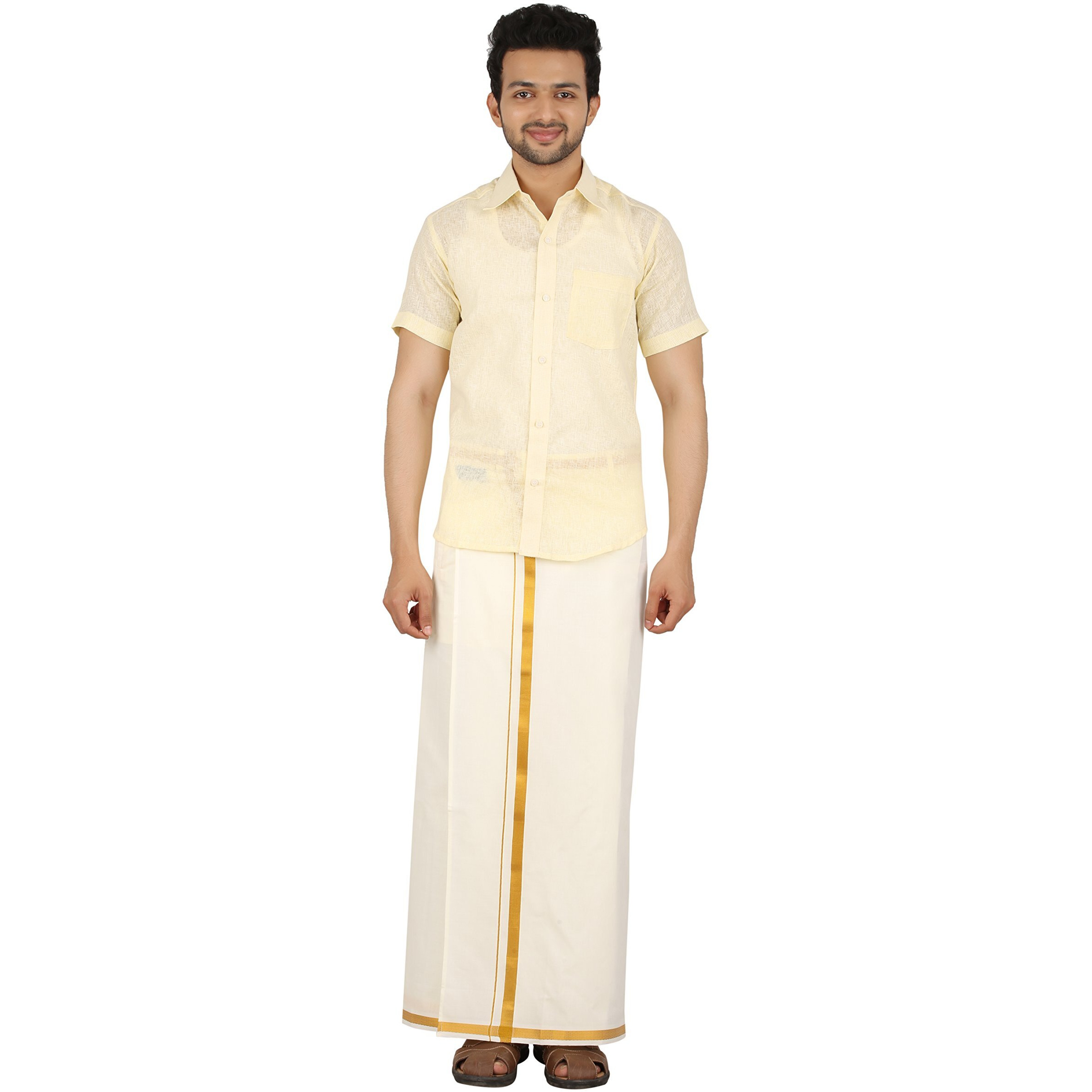 Prakasam Cotton Mens Gold Jari Border White Dhoti & Cream Dhoti Combo- Double Dhoti (1.30X3.60 Meter)