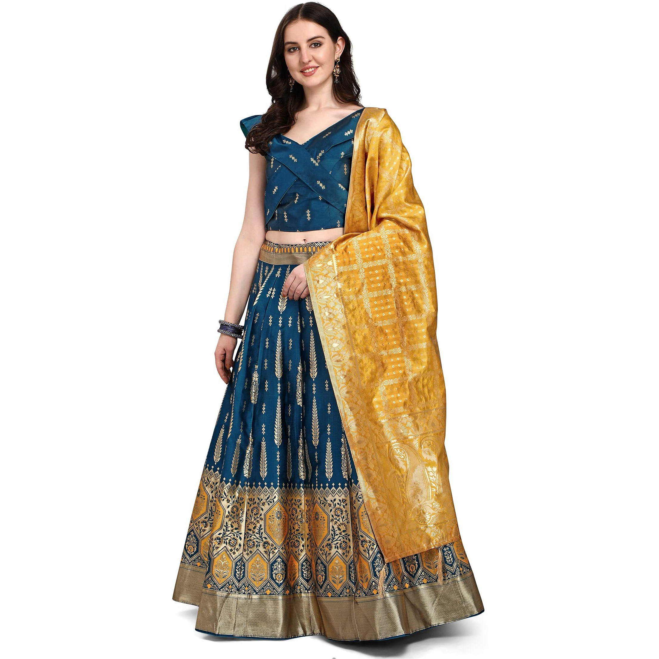 Purvaja Women's Jacquard Semi-Stitched Lehenga Choli (Swastik-Rama_Rama_Free Size)
