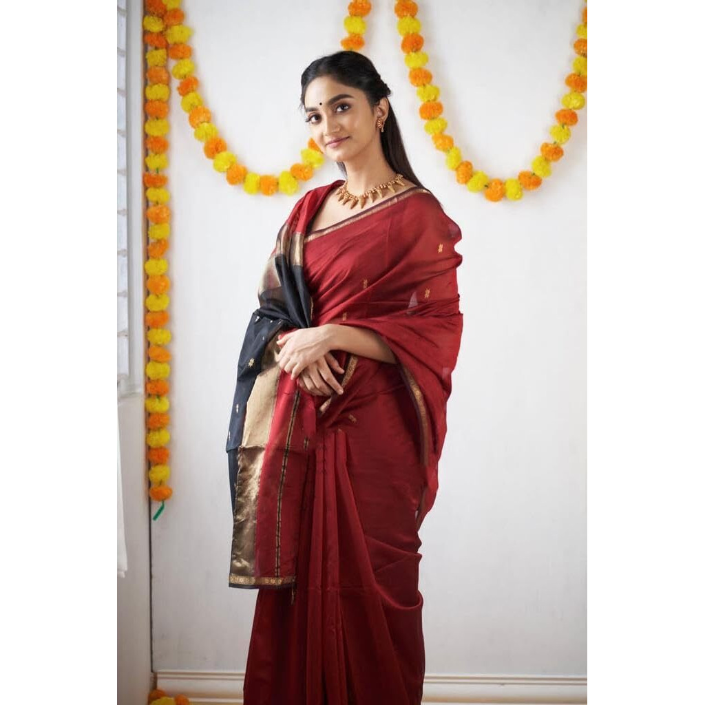 Flosive Women's Cotton Woven Soft Silk Saree With Blouse Piece Multicolor(Red & Black)