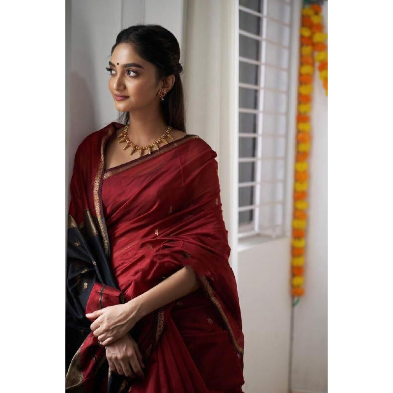 Flosive Women's Cotton Woven Soft Silk Saree With Blouse Piece Multicolor(Red & Black)