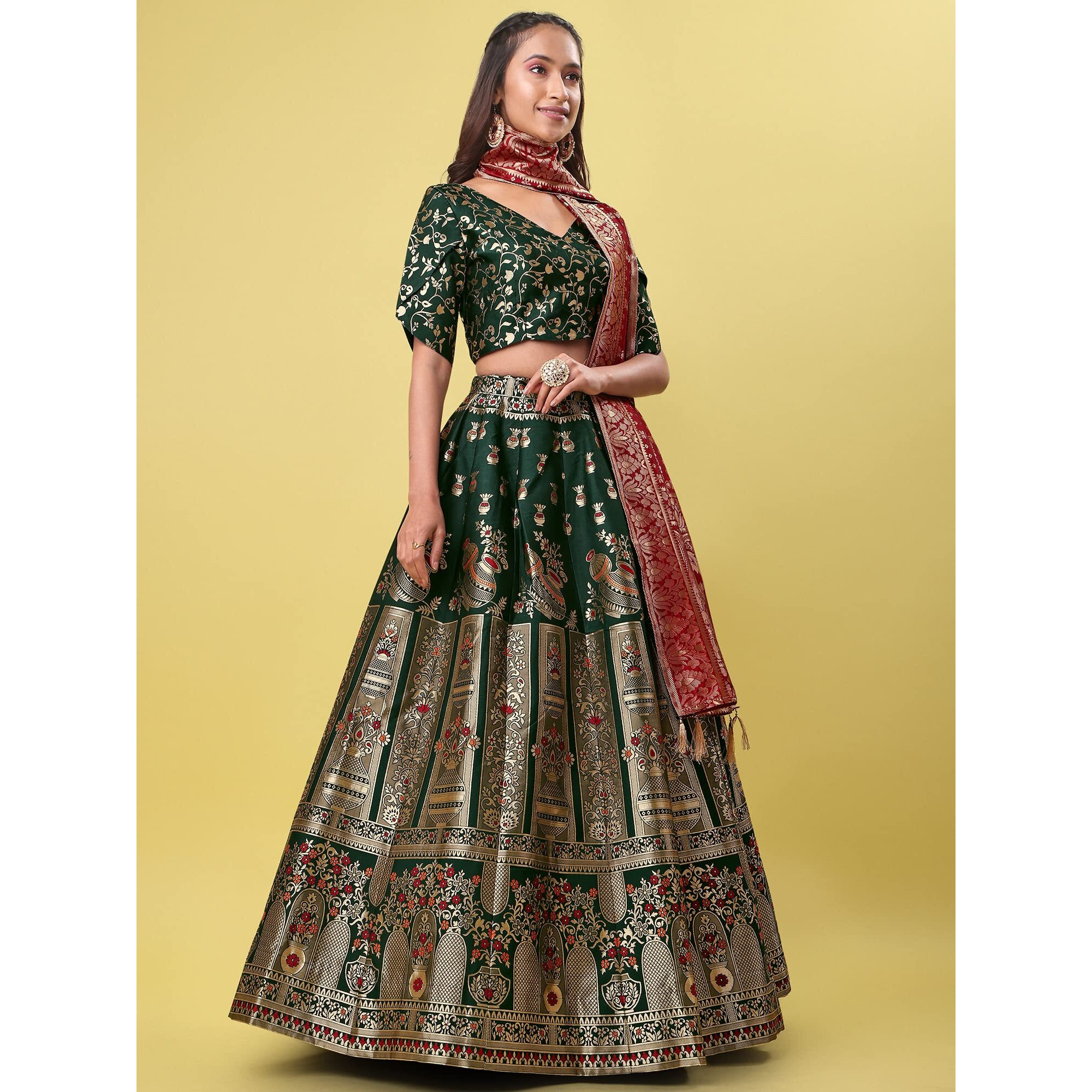 Purvaja Women's Jacquard Semi-Stitched Lehenga Choli (Kumbh-D-Green_Green_Free Size)
