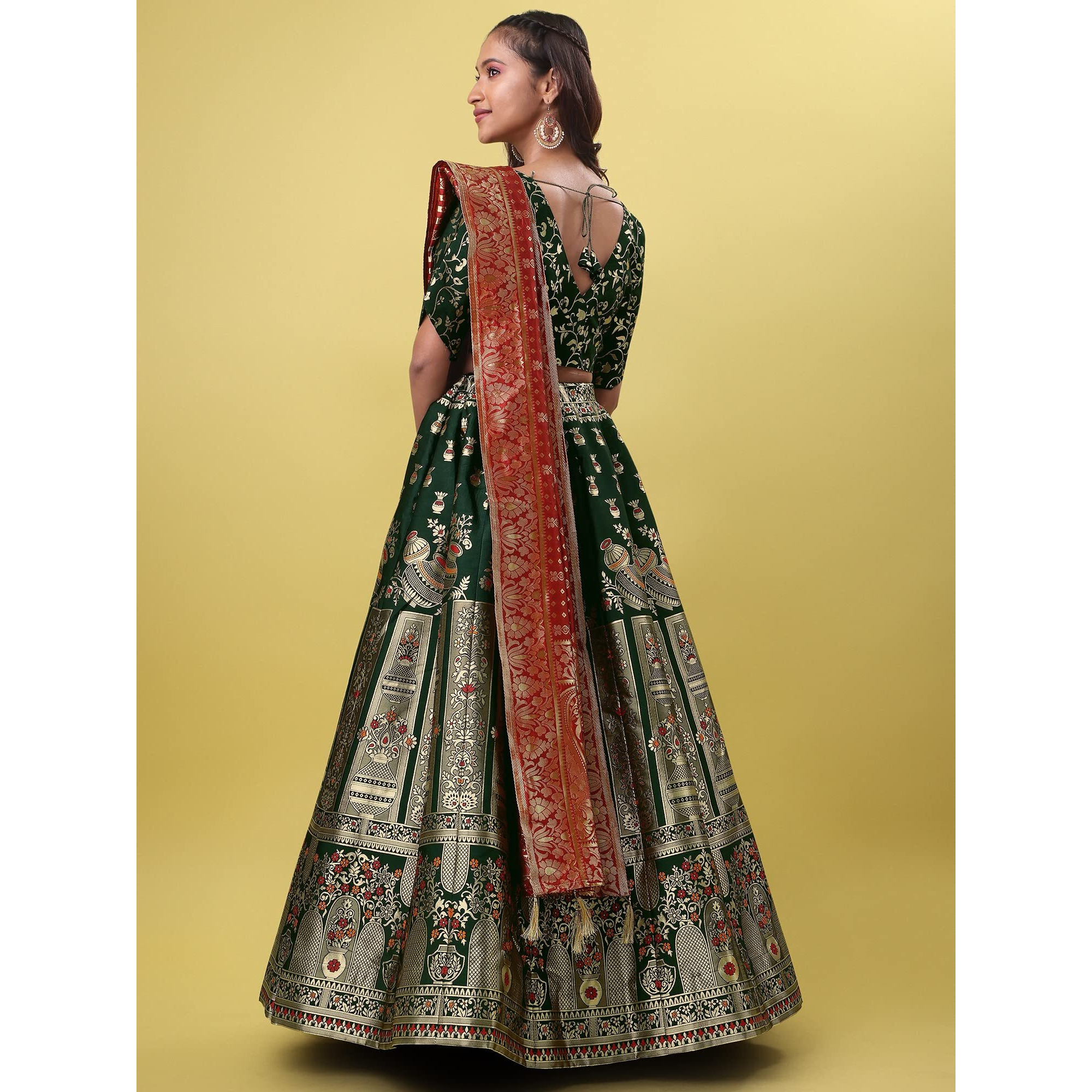 Purvaja Women's Jacquard Semi-Stitched Lehenga Choli (Kumbh-D-Green_Green_Free Size)