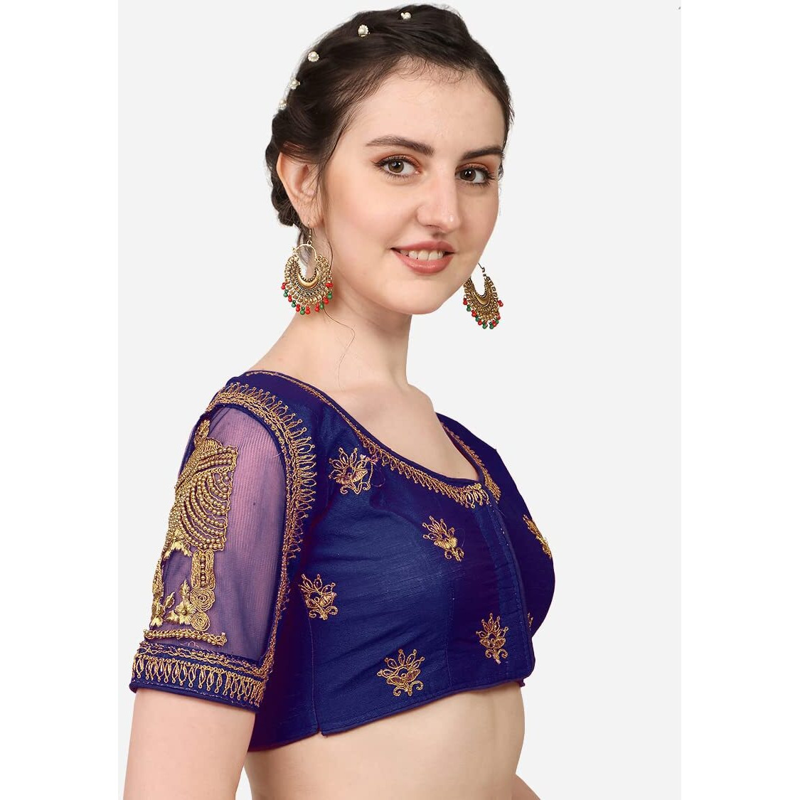 Pujia Mills Women's Multicolor Temple Embroidery Net Back Sequence Khatli Work Sleeves Design Phantom Silk Readymade Saree Blouse (Temple Blouse_Navy Blue_38 Size+Margin)