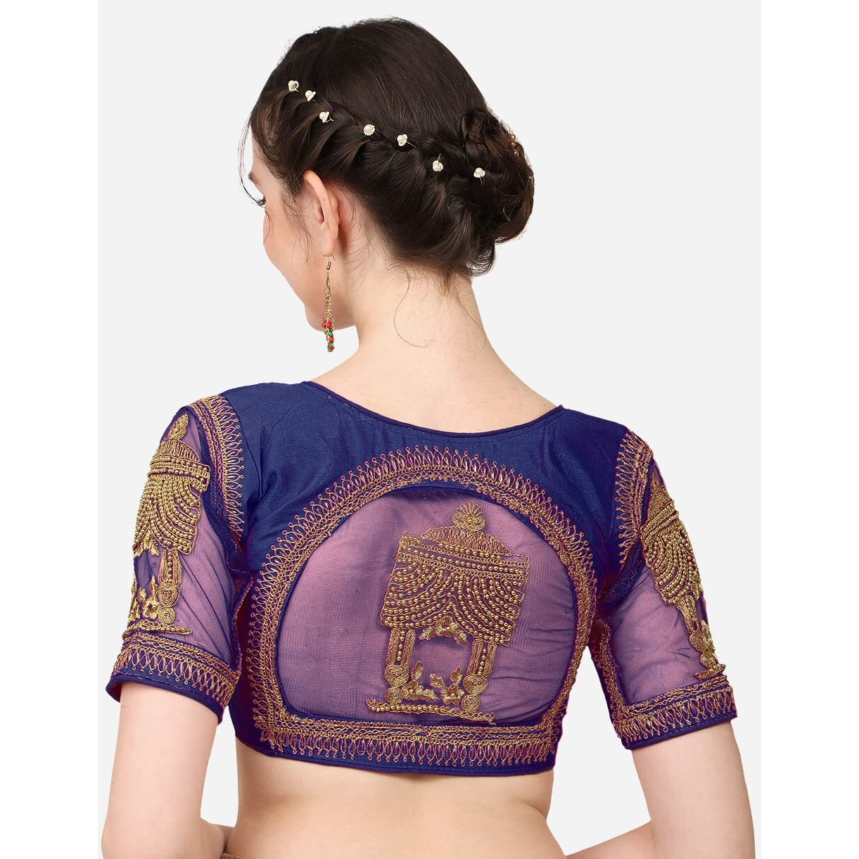 Pujia Mills Women's Multicolor Temple Embroidery Net Back Sequence Khatli Work Sleeves Design Phantom Silk Readymade Saree Blouse (Temple Blouse_Navy Blue_38 Size+Margin)