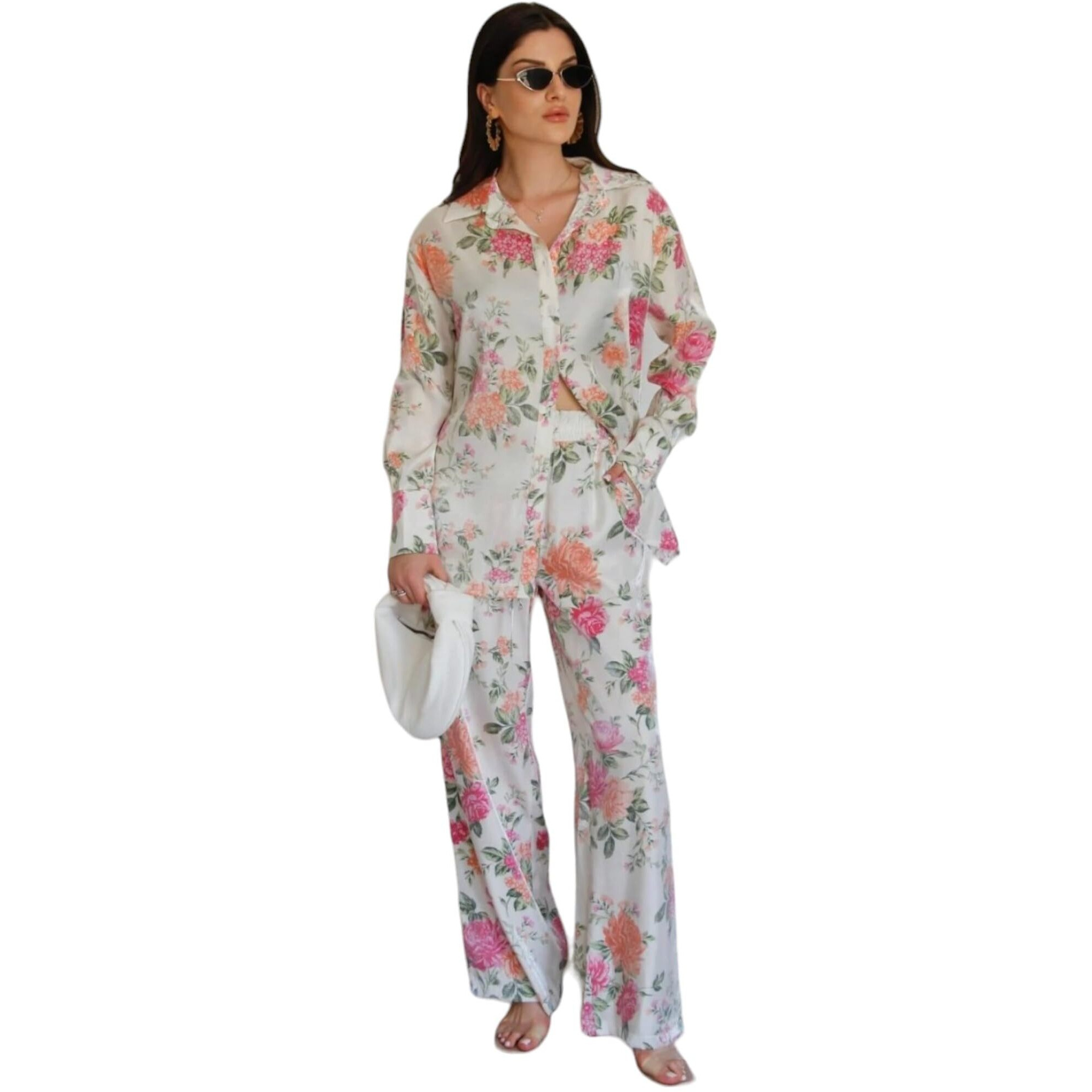 Gufrina Women's Co-Ords Set - Floral Print Shirt With Front Open Button And Wide-Leg Pants, Full Sleeves, Rayon Fabric (Pink L)