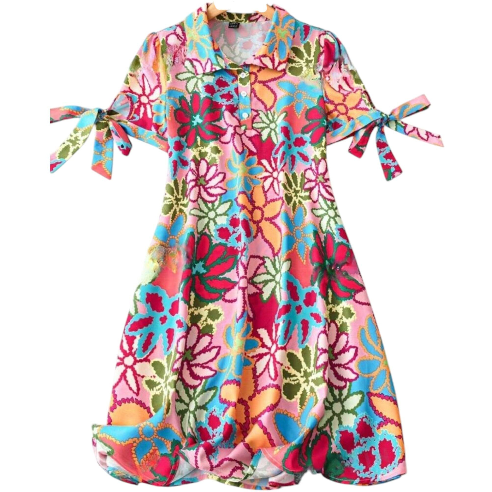 Gufrina Dresses For Women | Short Sleeve |All Over Floral Print| Collar-Neck And Regular Sleeves |Front Open Button & High Waist Knot|Knee Length (Pink S)