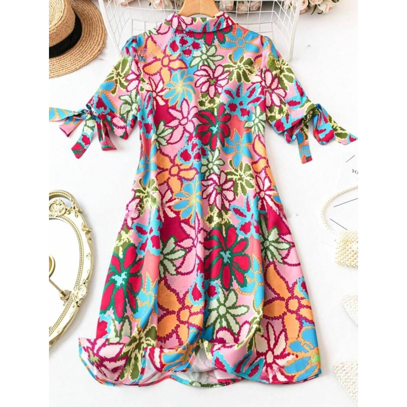 Gufrina Dresses For Women | Short Sleeve |All Over Floral Print| Collar-Neck And Regular Sleeves |Front Open Button & High Waist Knot|Knee Length (Pink S)