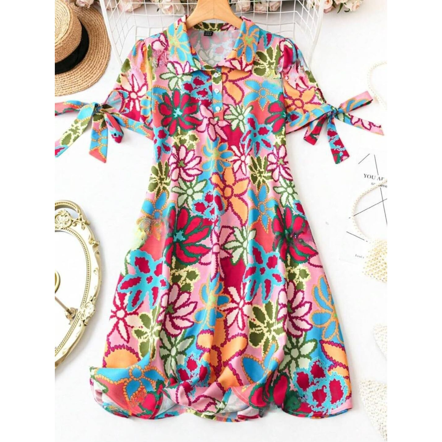 Gufrina Dresses For Women | Short Sleeve |All Over Floral Print| Collar-Neck And Regular Sleeves |Front Open Button & High Waist Knot|Knee Length (Pink S)