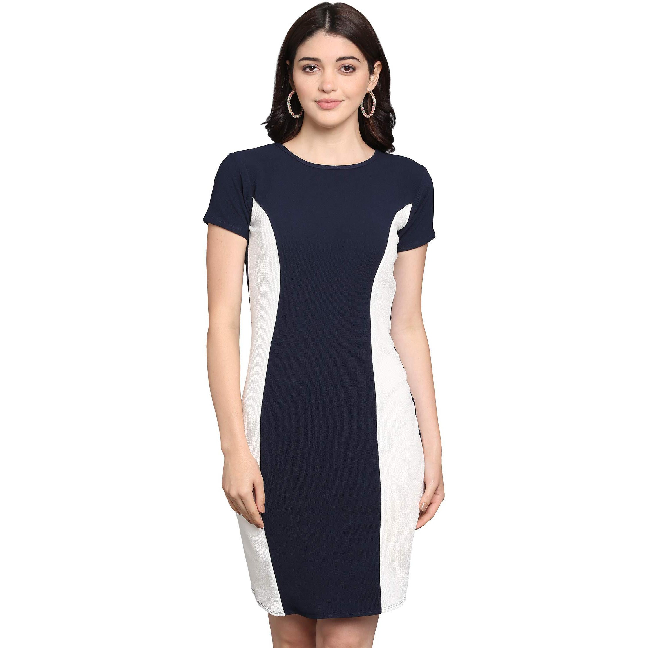 Purvaja Womens Bodycon Knee Length Dress(Lucy-111-Wh-Bu_Blue_X-Large)