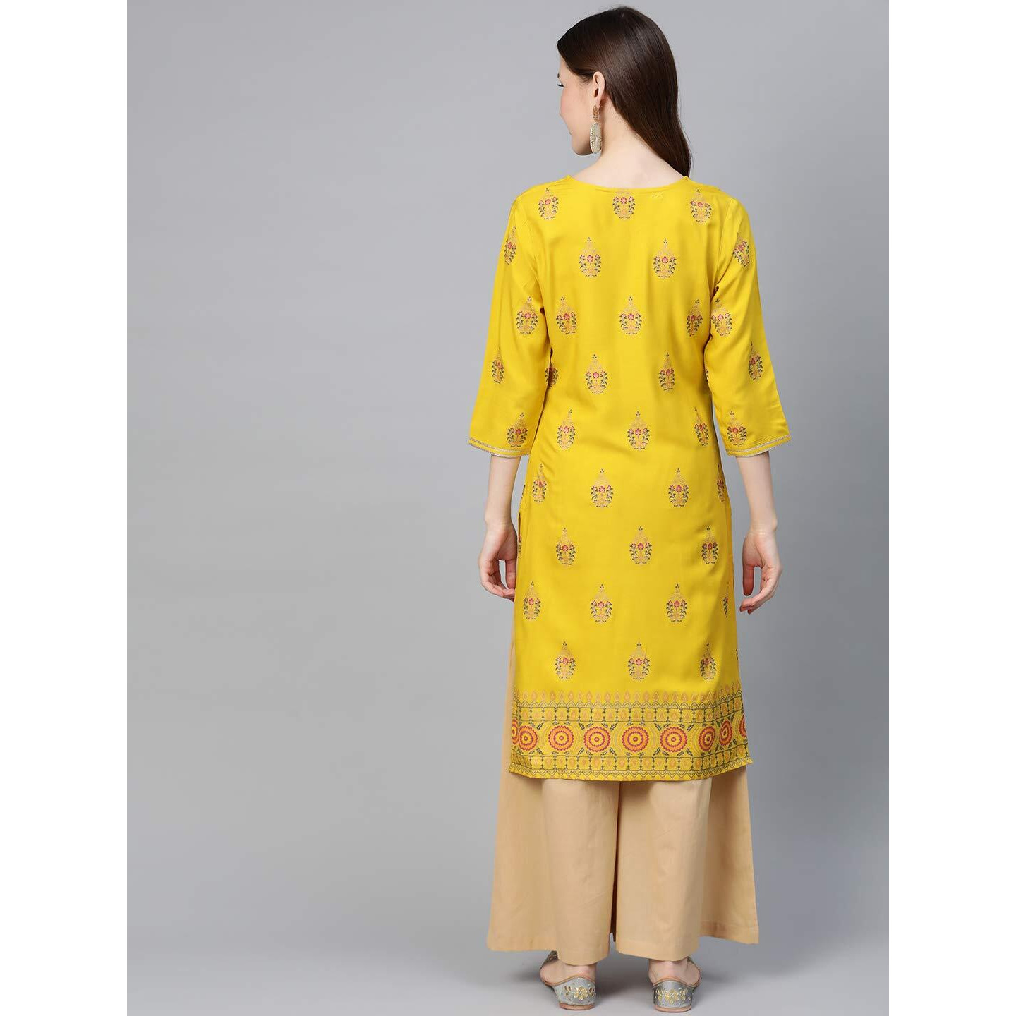 Idalia Women's Mustard Rayon Kurta With Beige Palazzo (Mustard, M)