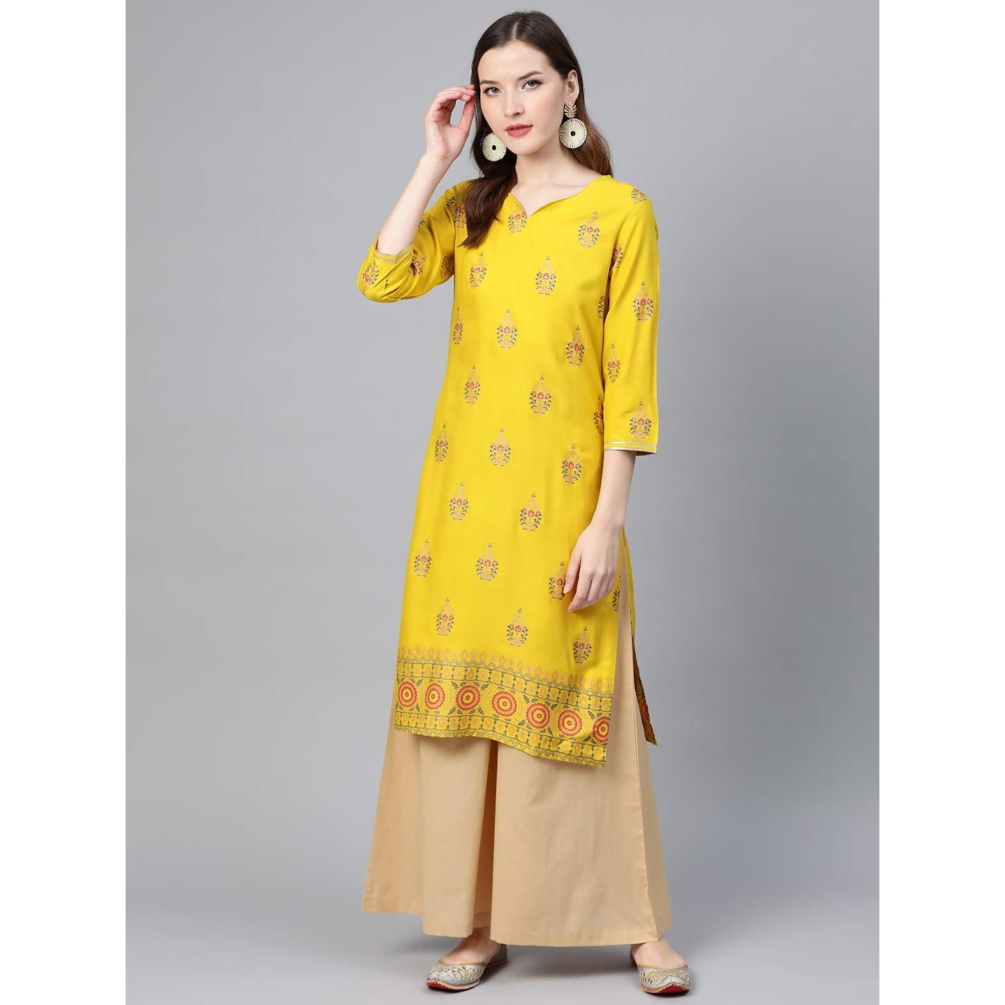 Idalia Women's Mustard Rayon Kurta With Beige Palazzo (Mustard, M)