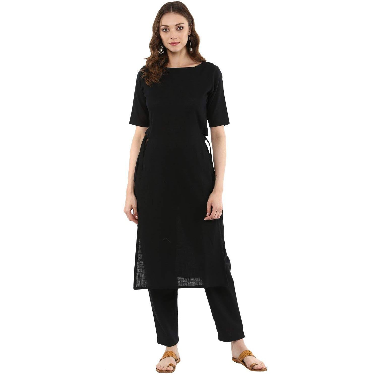 Idalia Rayon Solid Straight Black Kurta Set For Women Round V Neck Designer Kurta With Pant