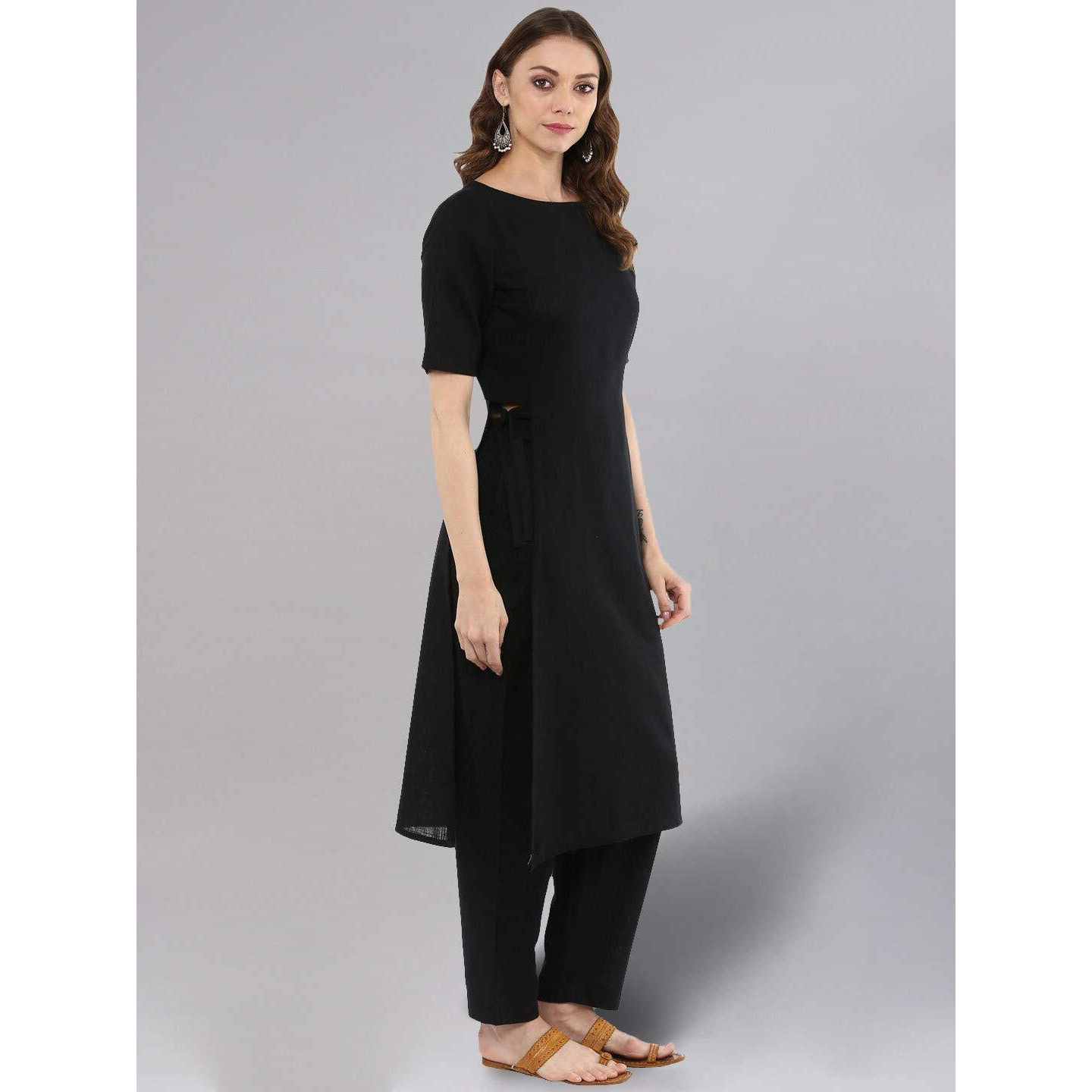 Idalia Rayon Solid Straight Black Kurta Set For Women Round V Neck Designer Kurta With Pant