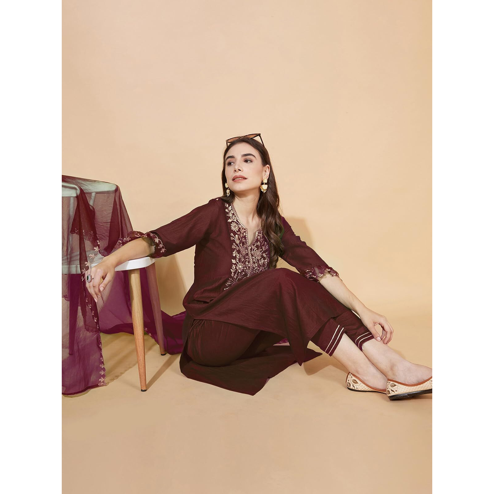 Sanisa Women's Chinnon Silk & Organza Sequence And Embroidery Work Straight Kurta With Pant And Dupatta Set (38Kbd477Nb-M_Maroon)
