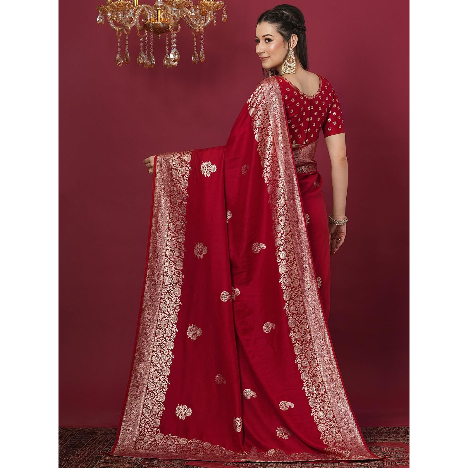 Satrani Women's Cotton Silk Banarasi Jacquard Saree With Unstitched Blouse Piece (4067S6412N_Red)