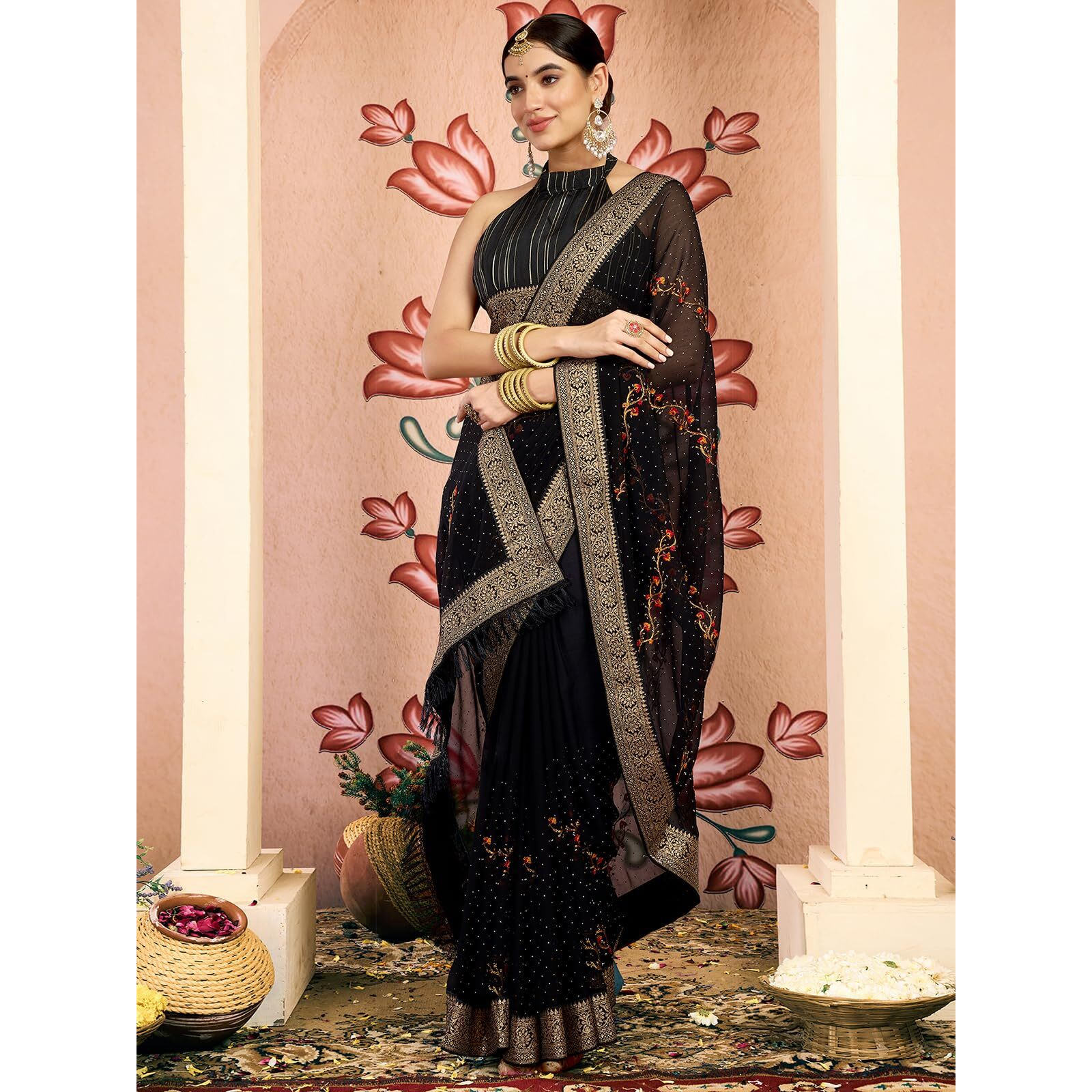 Satrani Women's Georgette Embroidery & Stone Work Saree With Unstitched Blouse Piece (4065S2829N_Black)