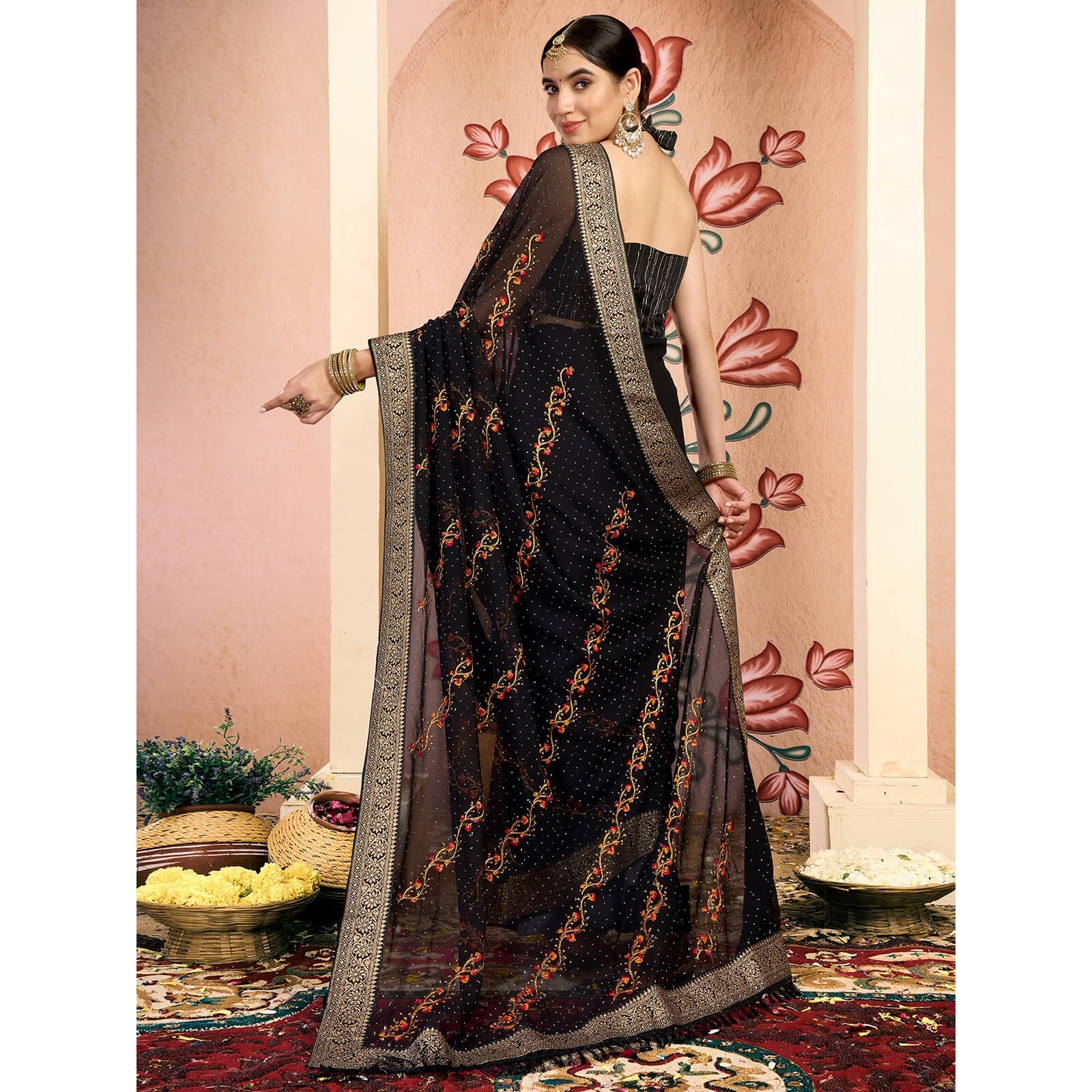 Satrani Women's Georgette Embroidery & Stone Work Saree With Unstitched Blouse Piece (4065S2829N_Black)