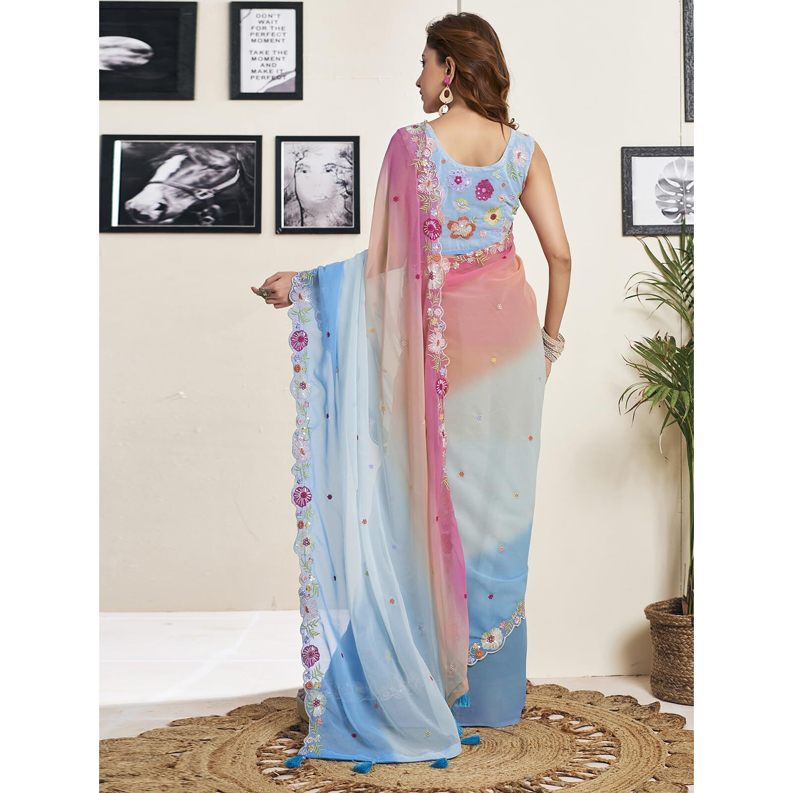 Satrani Women's Georgette Sequence Embroidery Saree With Unstitched Blouse Piece (3791S157N_Blue & Pink & Multi)