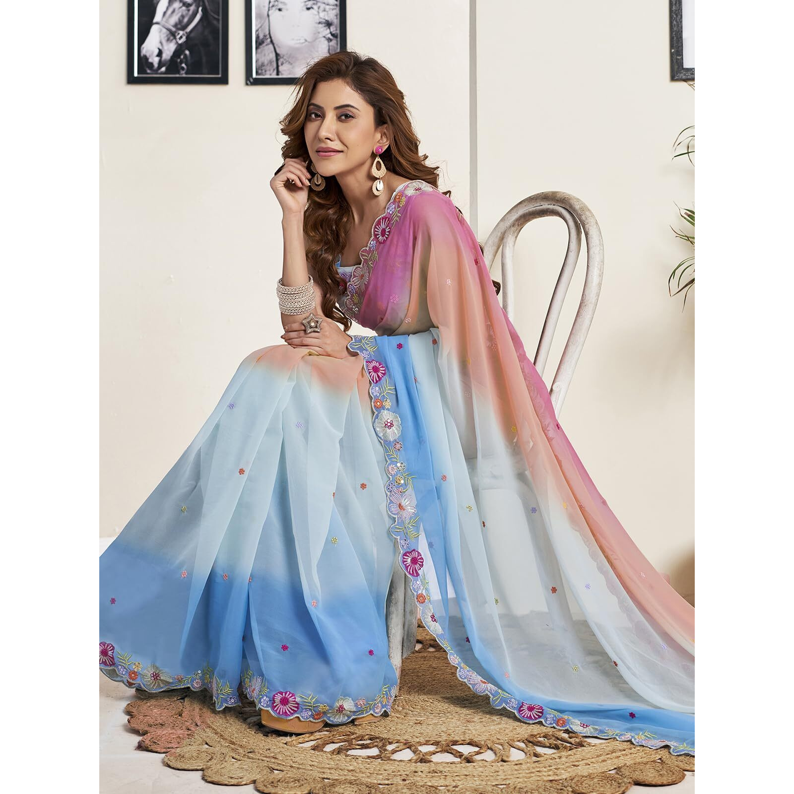 Satrani Women's Georgette Sequence Embroidery Saree With Unstitched Blouse Piece (3791S157N_Blue & Pink & Multi)