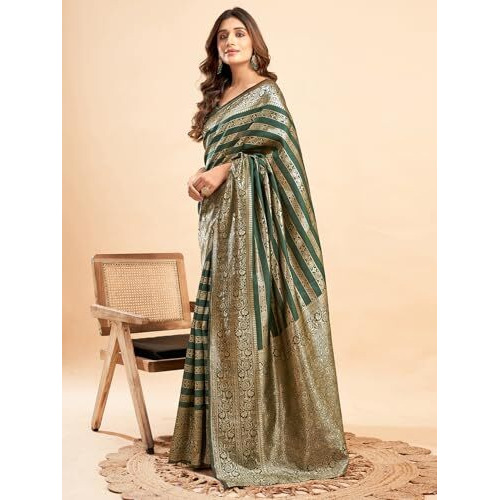 Satrani Women's Jacquard Silk Blend Saree (3930S336N_Dark Green & Golden)