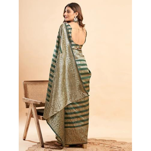 Satrani Women's Jacquard Silk Blend Saree (3930S336N_Dark Green & Golden)