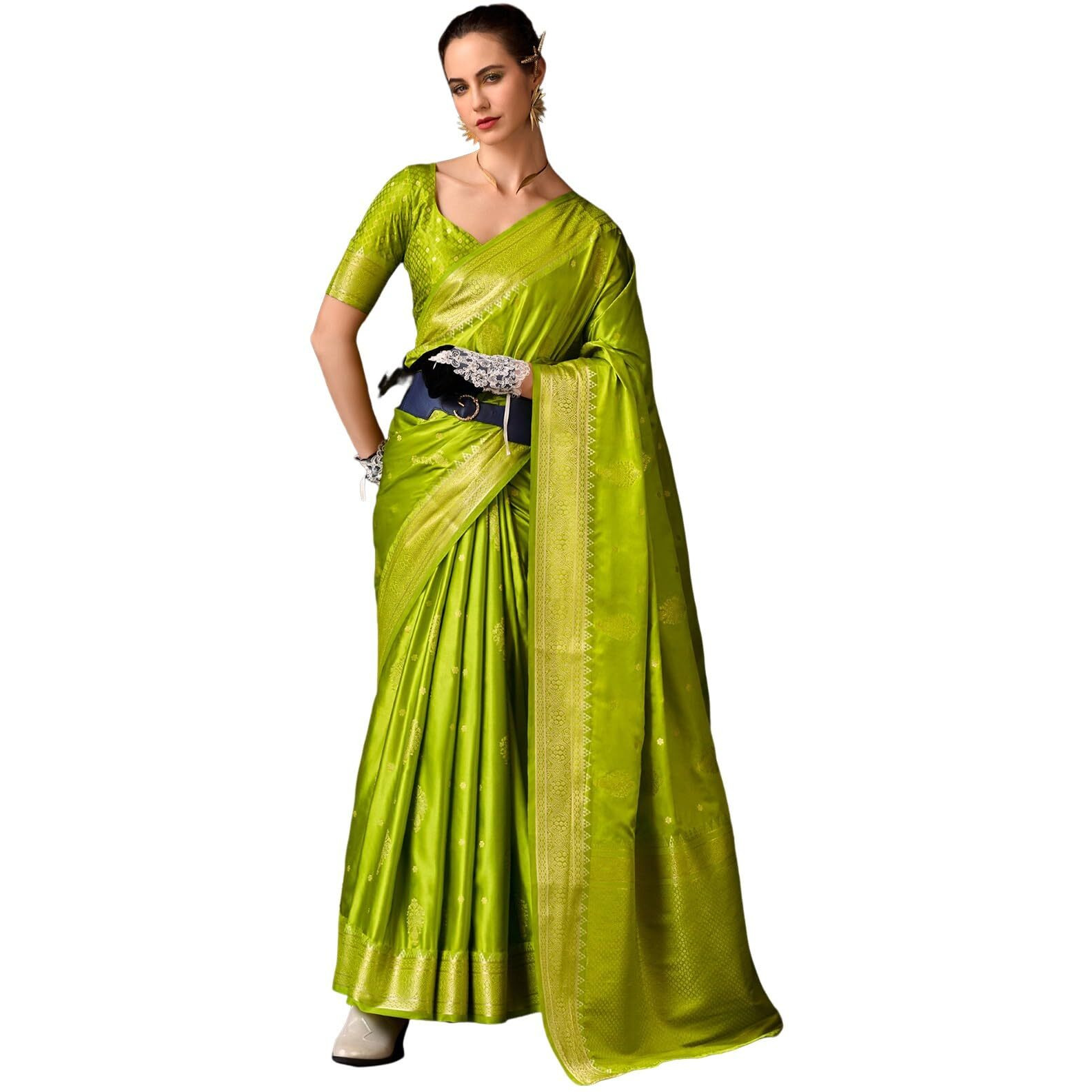 Satrani Women's Jacquard & Woven & Tassels Satin Saree (3972S1672N_Lime Green)