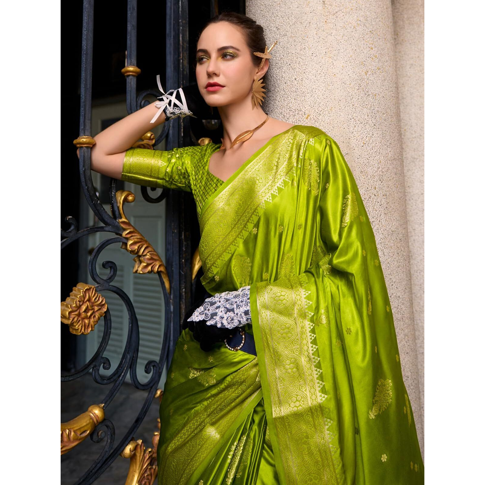 Satrani Women's Jacquard & Woven & Tassels Satin Saree (3972S1672N_Lime Green)