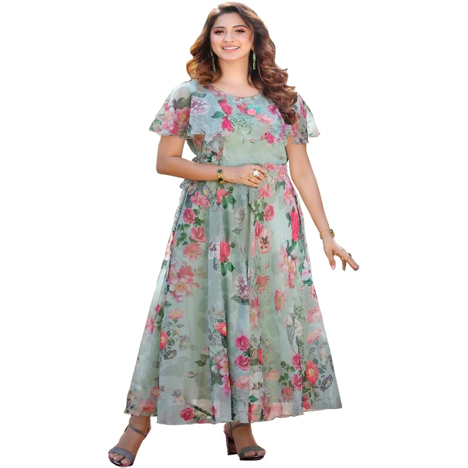 Shasmi Women's Georgette Digital Floral Printed Gown Dress For Women (Gown Dress 35) (Xx-Large, Pista Green)