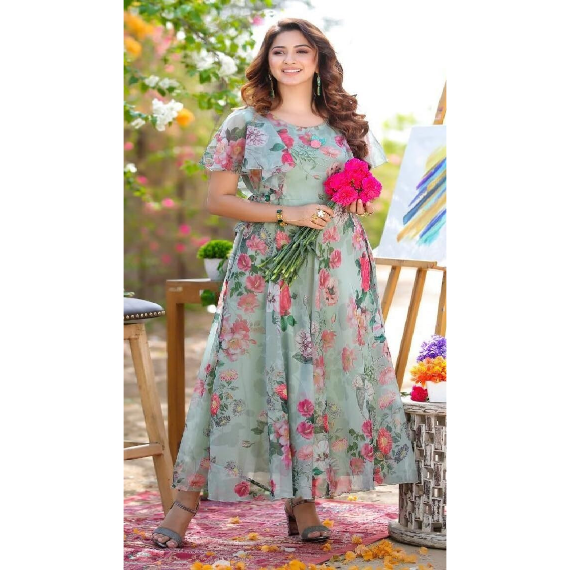 Shasmi Women's Georgette Digital Floral Printed Gown Dress For Women (Gown Dress 35) (Xx-Large, Pista Green)