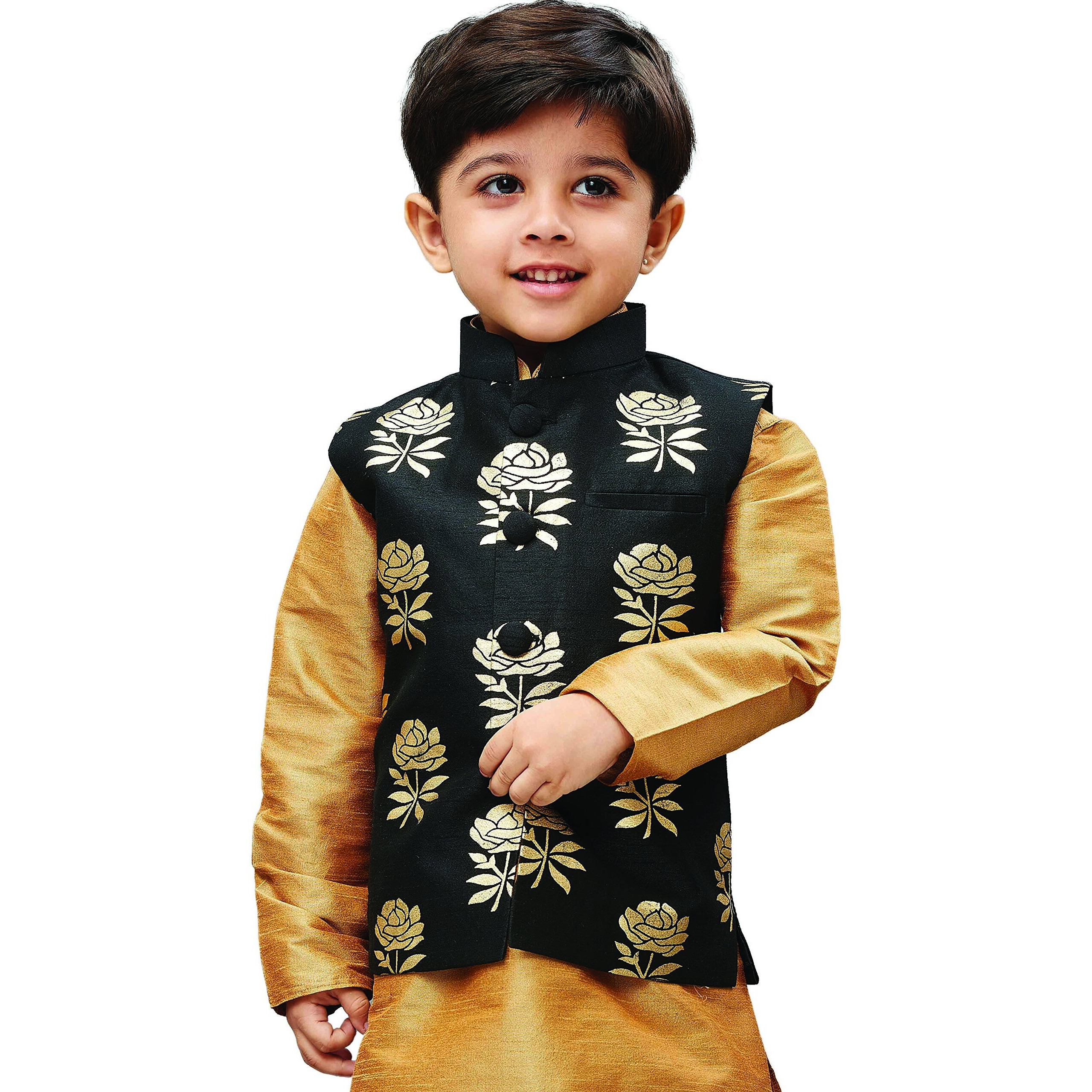 Jbn Creation Boy's Printed Nehru Jacket (Vasbjbl006_32_Black And Gold_9 Years-10 Years)