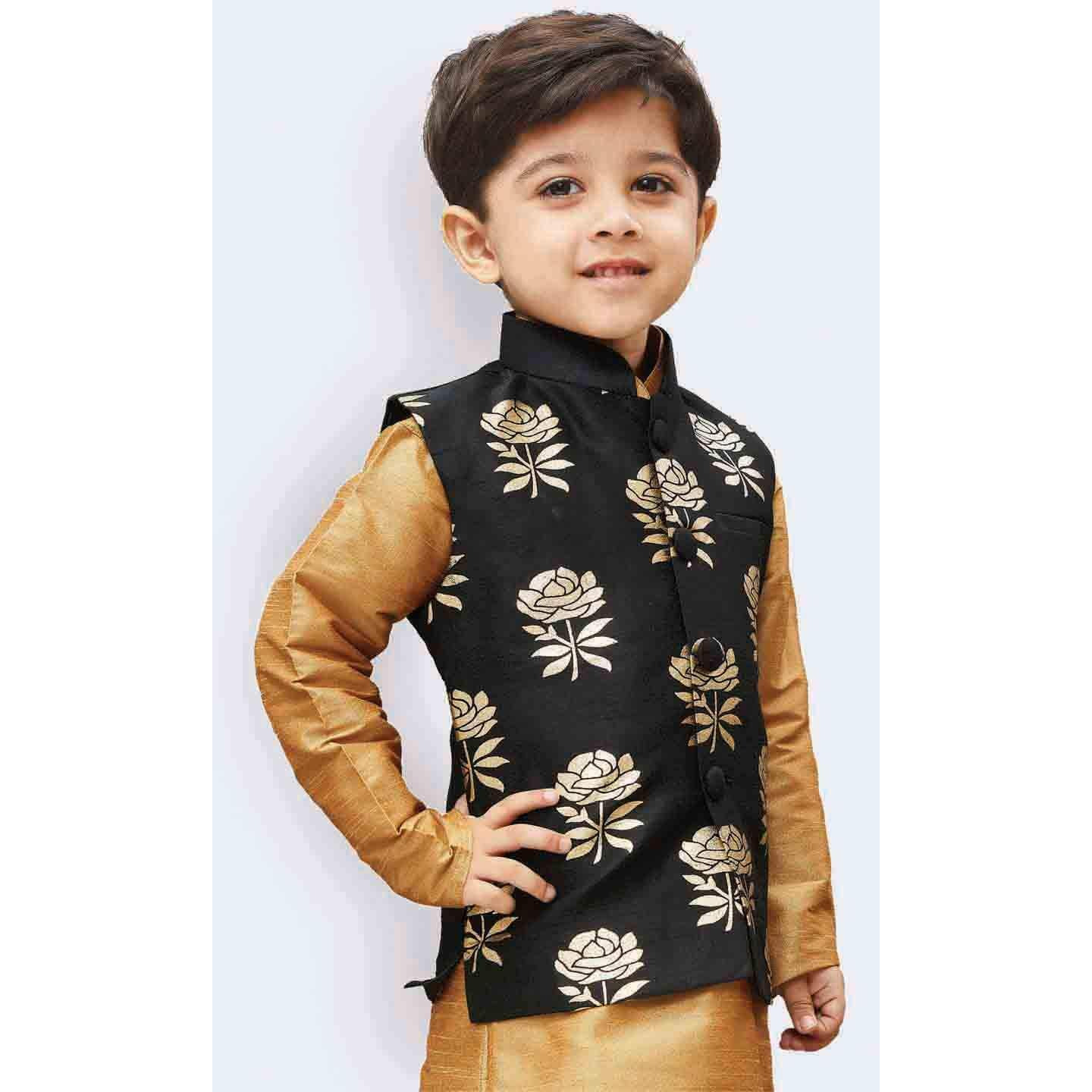 Jbn Creation Boy's Printed Nehru Jacket (Vasbjbl006_32_Black And Gold_9 Years-10 Years)