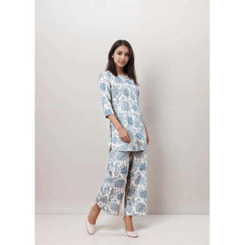 Shienzy Stylish Printed Cotton Blend Co Ord Set For Women || Casual & Festive Indo-Western Outfit || Kurta Pant Set (1590Shz_Bl_Xl) Blue