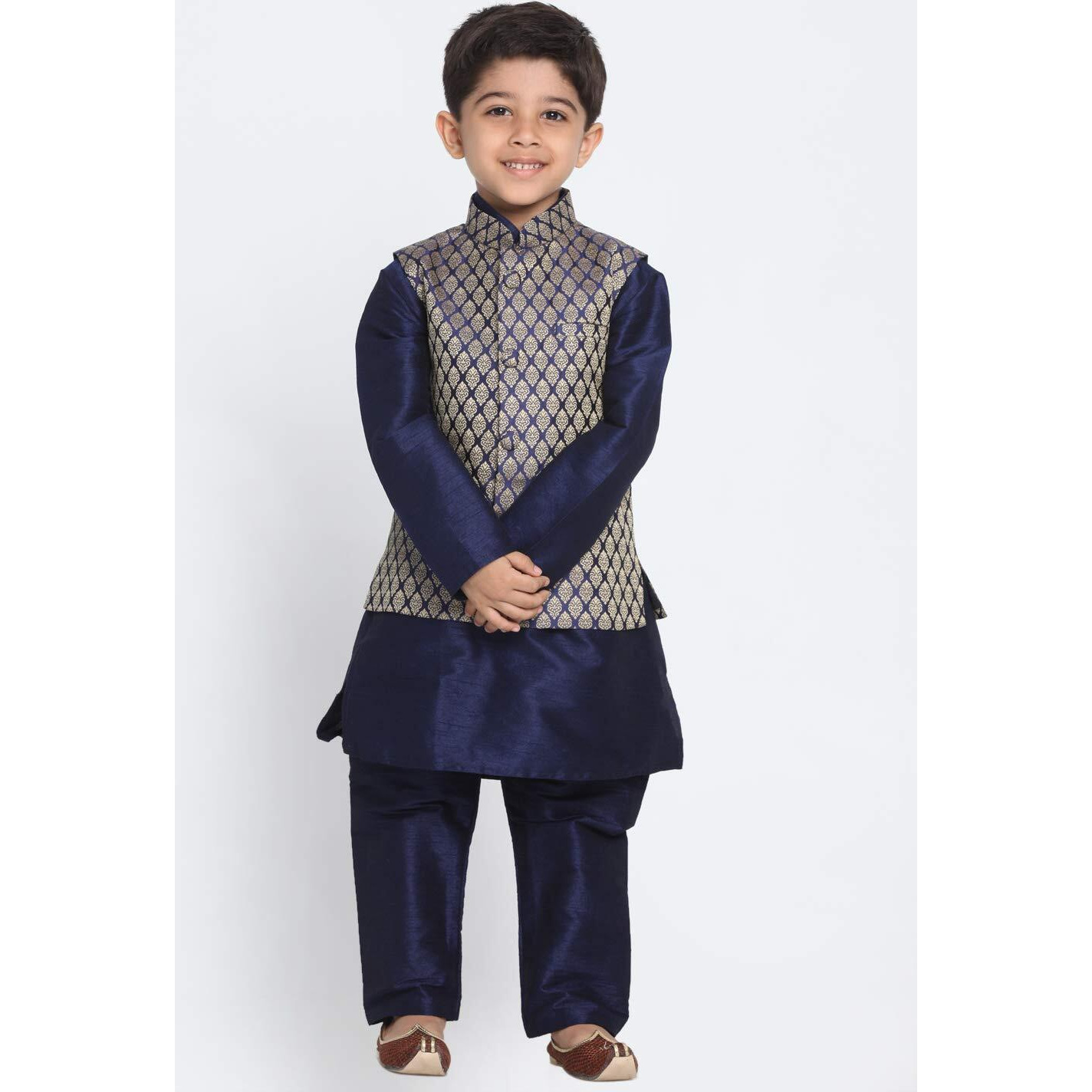 Jbn Creation Boys Silk Blend Navy Blue And Gold Kurta Pyjama Jacket Set - Ethnic For Festivals_Vasnbj005Bunbknb001Npnb_26