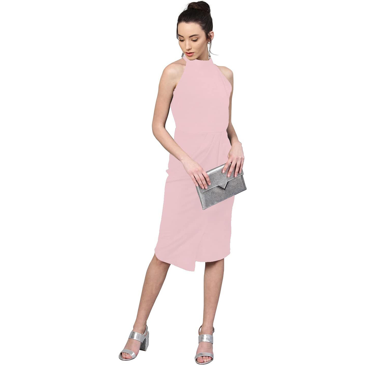 Shasmi Polyester Blend Bodycon Knee-Length Women's Elegant Halter Neck Pleated Flounce Sleeveless Midi Dress (Dresses For Tops_Peach_Xl)