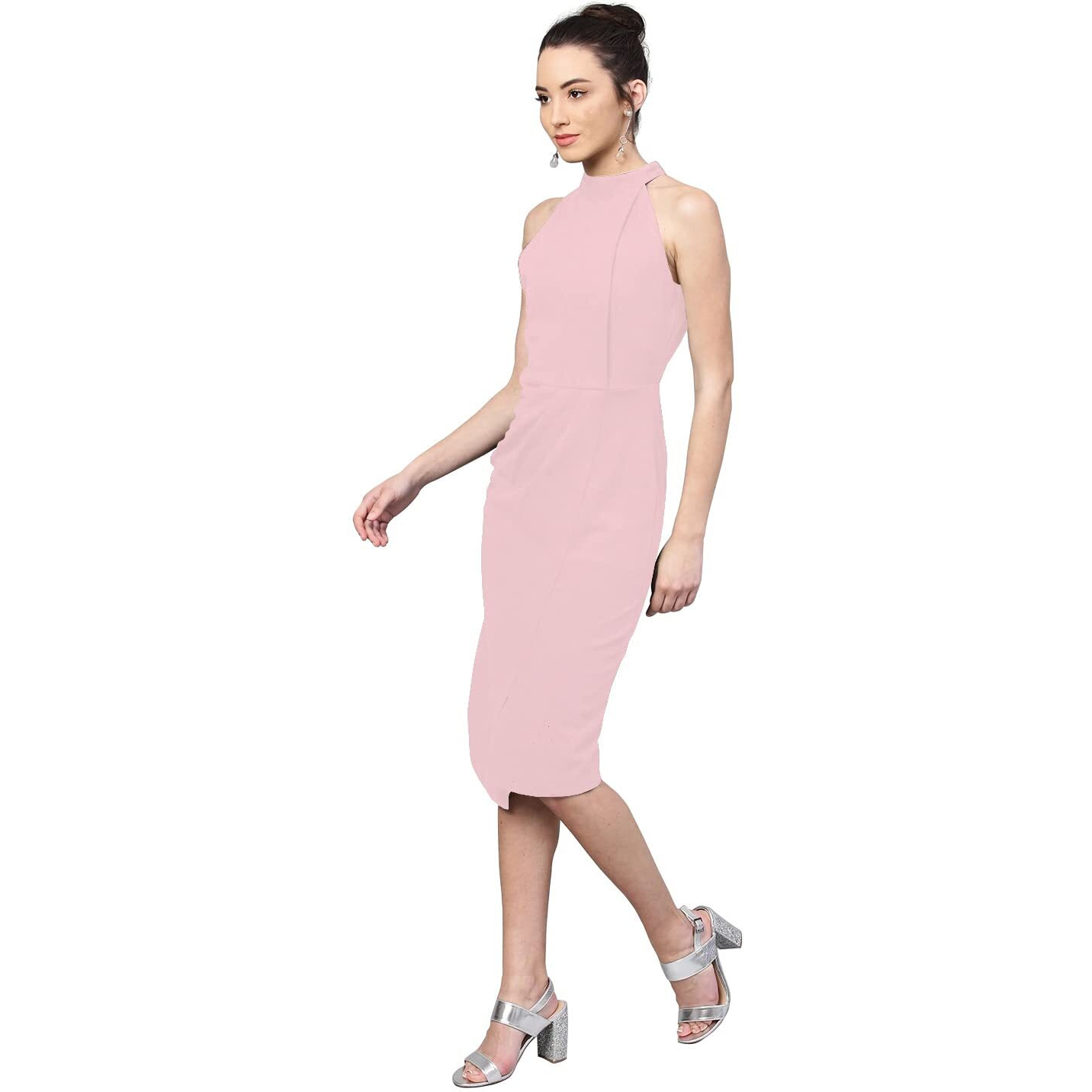 Shasmi Polyester Blend Bodycon Knee-Length Women's Elegant Halter Neck Pleated Flounce Sleeveless Midi Dress (Dresses For Tops_Peach_Xl)