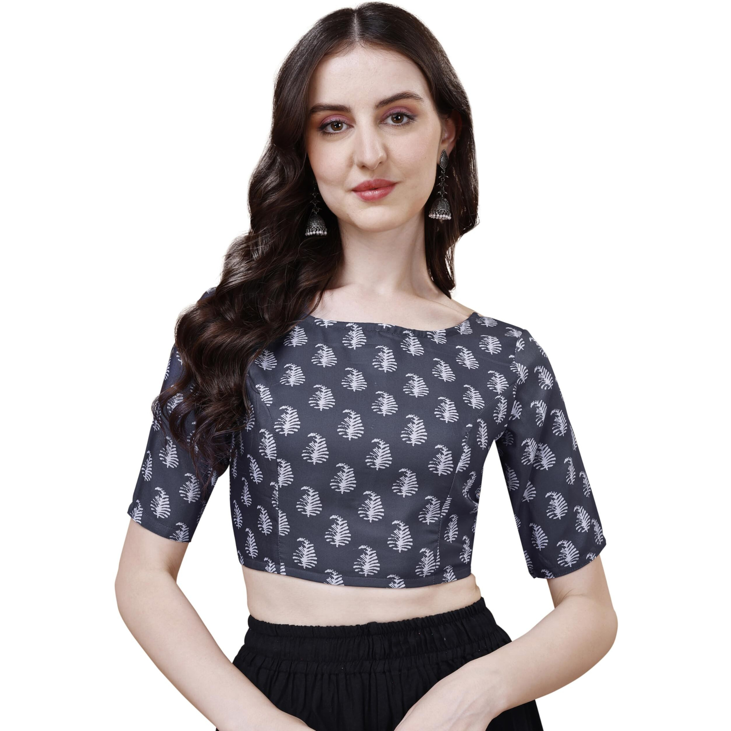 Oomph Women's Indian Ethnic Wear Designer Paislay Pattern Boat Neck Half Sleeve Cotton Indigo Blue Blouse For Saree Or Lehnga And Blousepalazzos Or Skirts For A Fusion Twist.