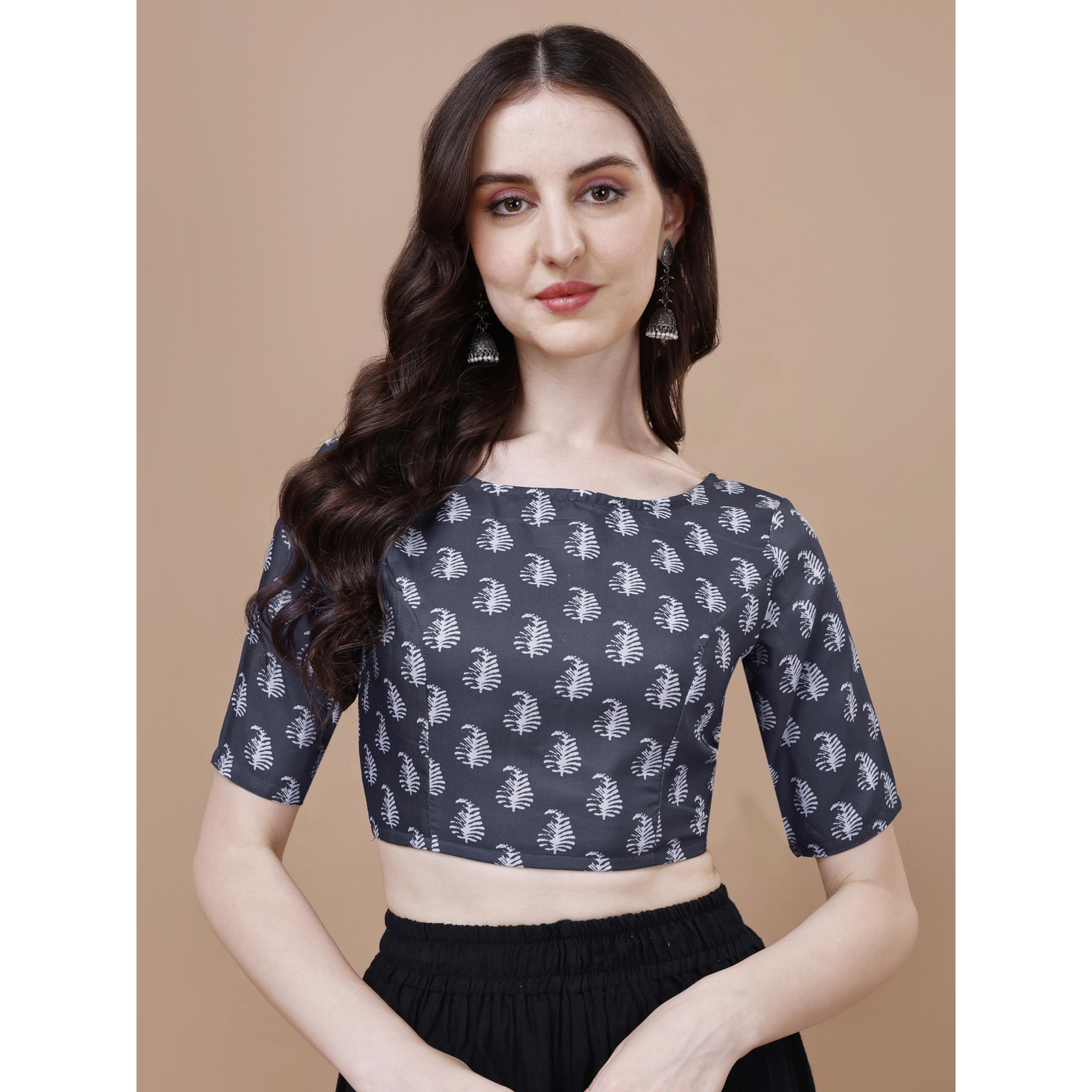 Oomph Women's Indian Ethnic Wear Designer Paislay Pattern Boat Neck Half Sleeve Cotton Indigo Blue Blouse For Saree Or Lehnga And Blousepalazzos Or Skirts For A Fusion Twist.