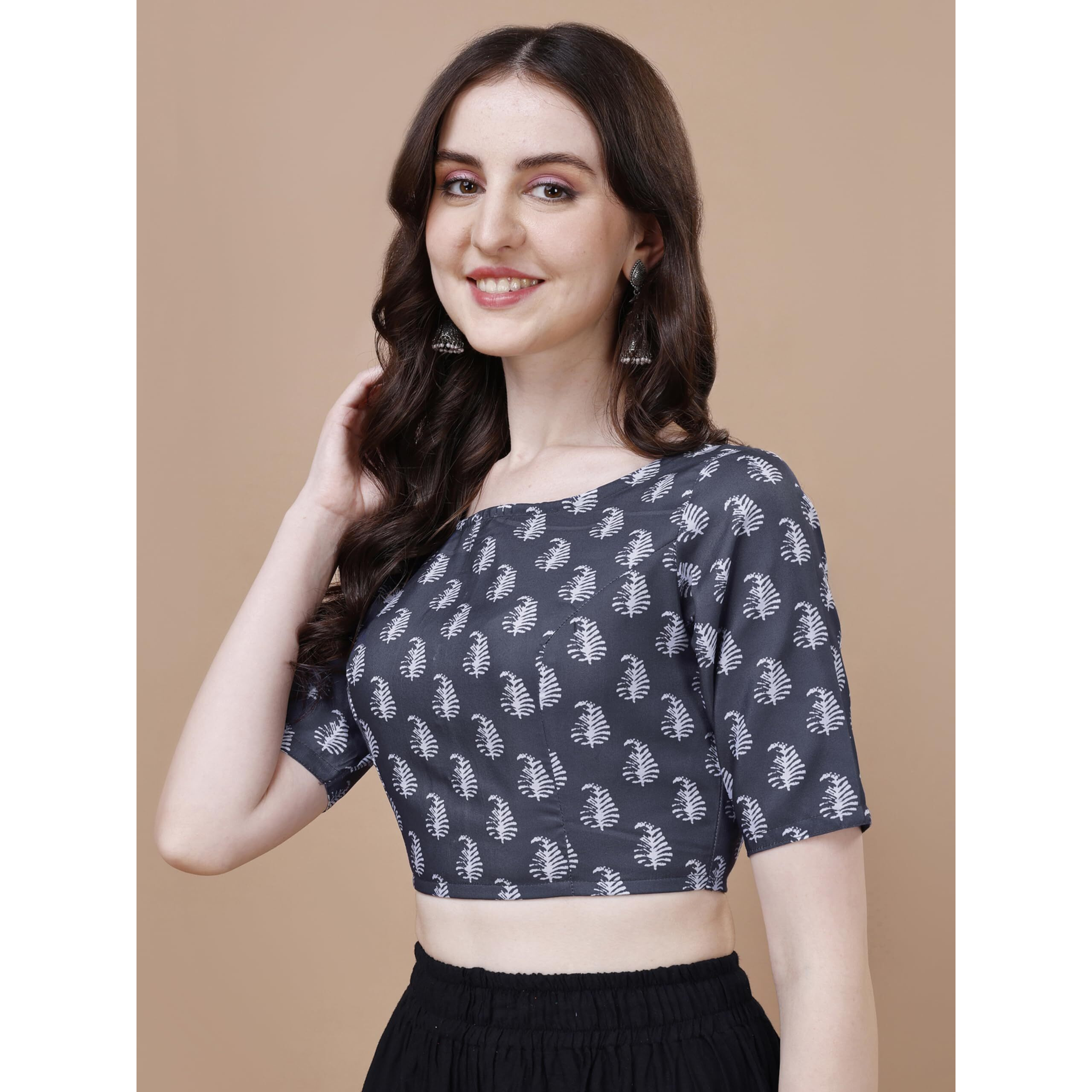 Oomph Women's Indian Ethnic Wear Designer Paislay Pattern Boat Neck Half Sleeve Cotton Indigo Blue Blouse For Saree Or Lehnga And Blousepalazzos Or Skirts For A Fusion Twist.