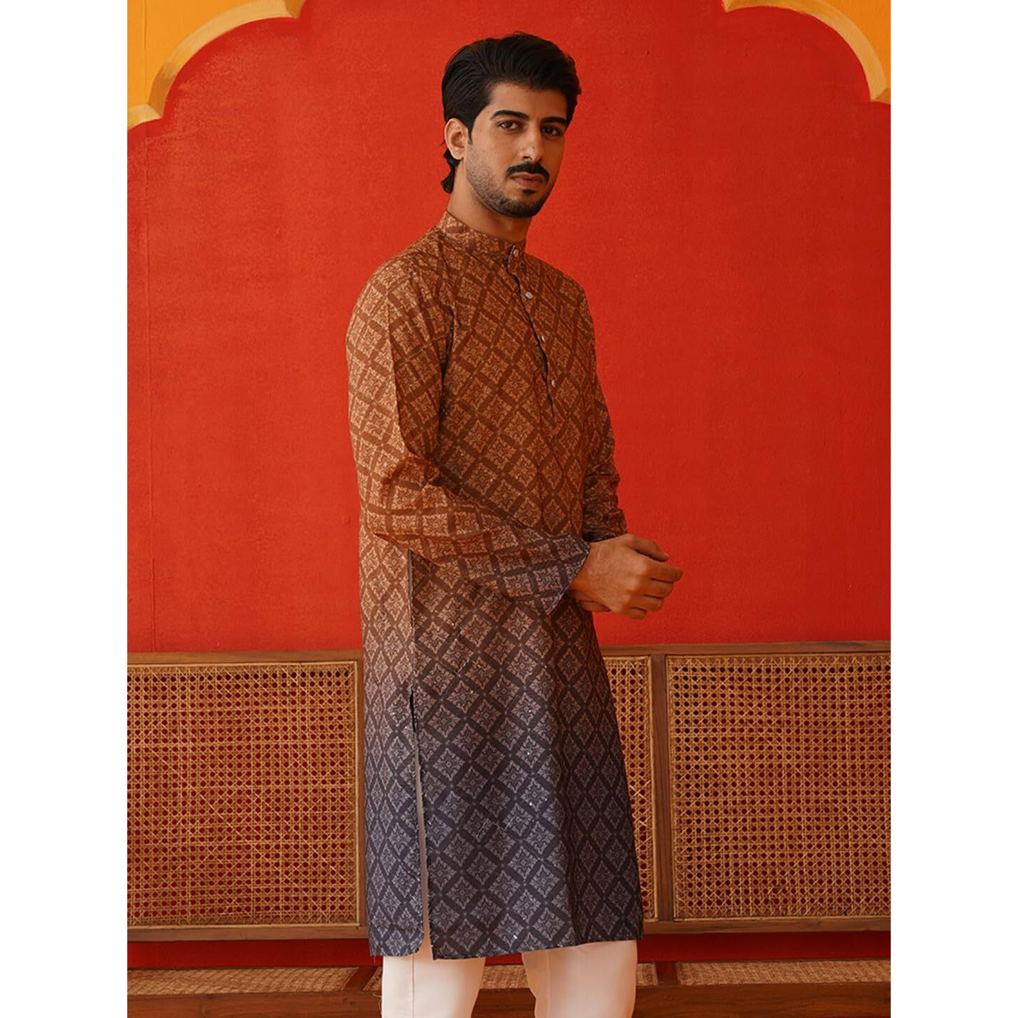 Jompers Men's Cotton Geometric Regular Kurtas (Ko_5074_Brown