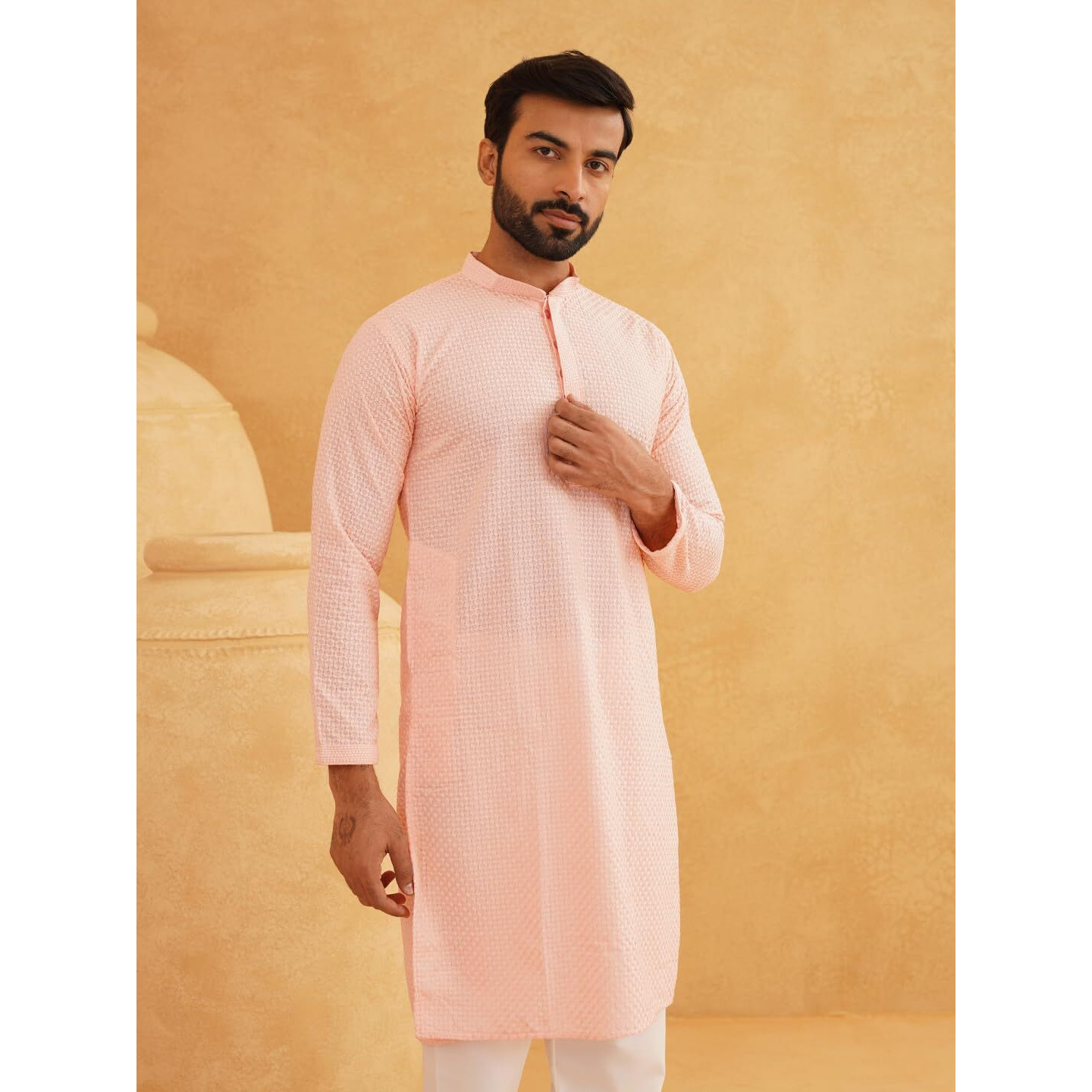 Sojanya (Since 1958 Men's Cotton Embroidered Thread Work Peach Long Kurta