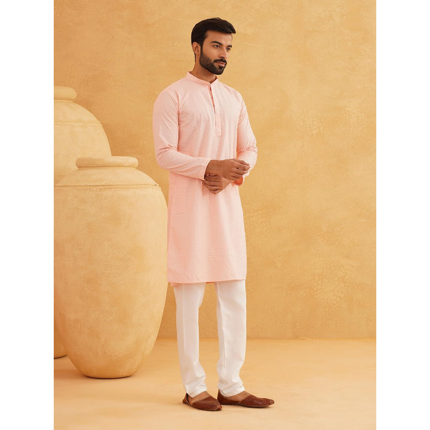 Sojanya (Since 1958 Men's Cotton Embroidered Thread Work Peach Long Kurta